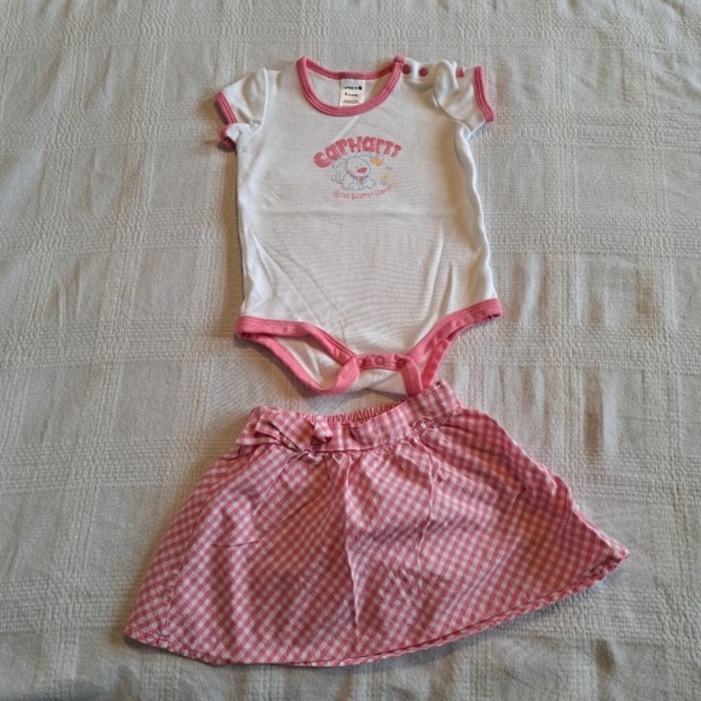 Carhartt girls size 6 month bodysuit and pink gingham skirt